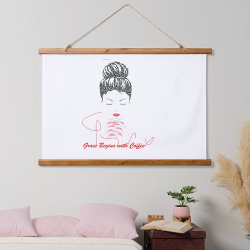 Grace Begins with Coffee Typography T-Shirt Hanging Tapestry