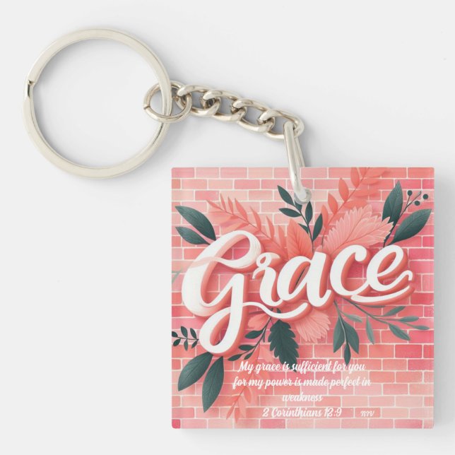 Grace Bible Verse Pink Brick Floral Keychain (Front)