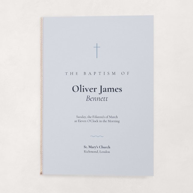 Grace Blue Minimal Cross Folded Baptism Program (Grace | Blue - Folded Baptism Order of Service, Embellished with String (String Not Included))