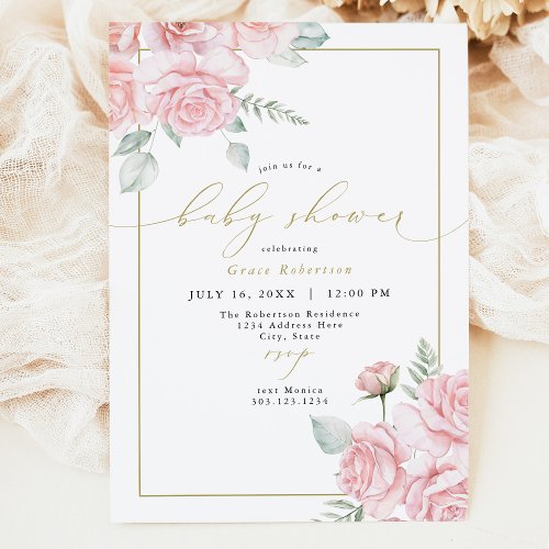 GRACE Blush Floral and Gold Girl Baby Shower Invitation