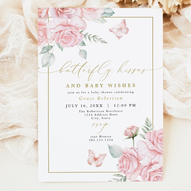 GRACE Blush Floral Butterfly Kisses Baby Shower Invitation (Creator Uploaded)