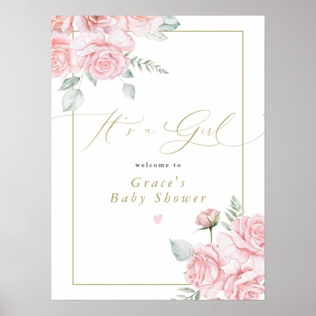GRACE Blush Floral It's a Girl Baby Shower Welcome Poster (Front)