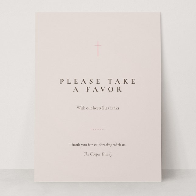 Grace Blush Minimal Cross Take a Favor Table Sign (Grace | Blush - Please Take a Favor 6.5 x 8.75" Card Sign)