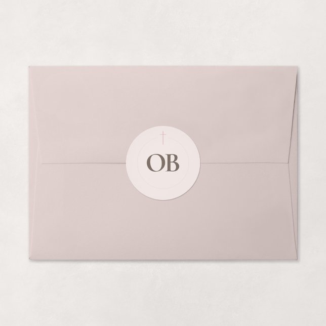 Grace Blush Monogram Cross Classic Round Sticker (Grace | Blush - Minimal Cross Monogram Sticker, Shown on Envelope)
