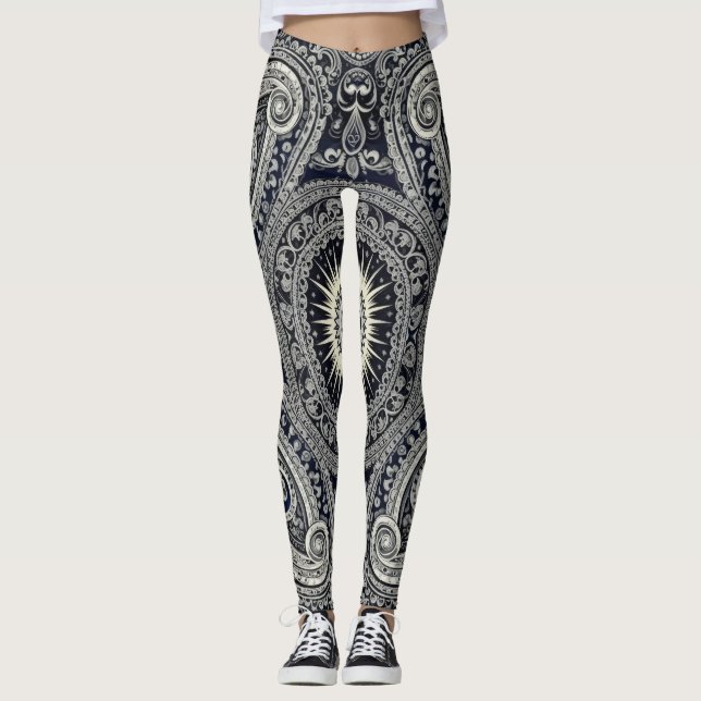 Grace Charcoal Sunburst Paisley Heritage Pattern Leggings (Front)