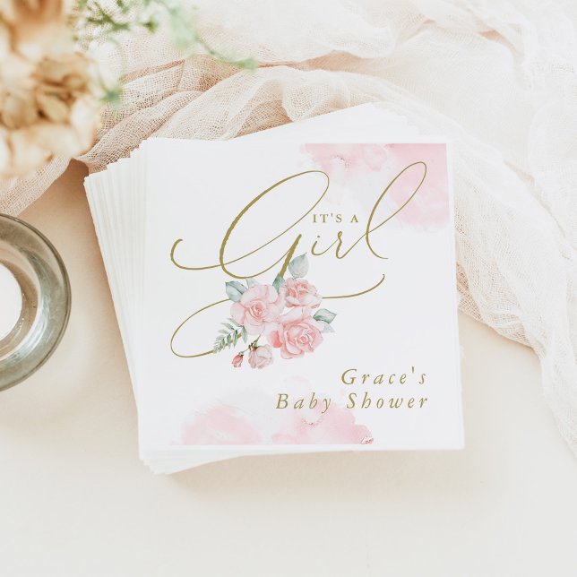 GRACE Elegant Blush Floral It's a Girl Baby Shower Napkins (Creator Uploaded)