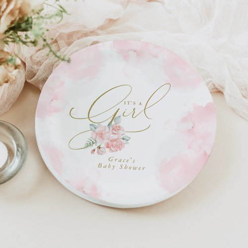 GRACE Elegant Blush Floral Its a Girl Baby Shower Paper Plates