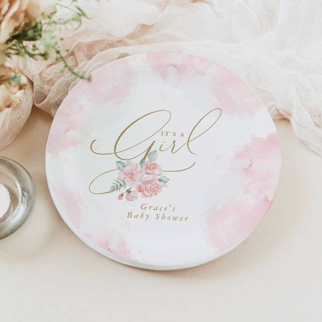 GRACE Elegant Blush Floral It's a Girl Baby Shower Paper Plates (Creator Uploaded)