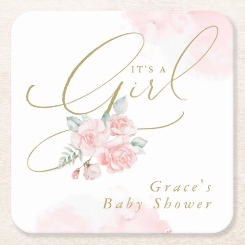 GRACE Elegant Blush Floral Its a Girl Baby Shower Square Paper Coaster