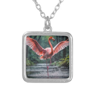 Grace in Flight: The Pink Flamingos Riverdance Silver Plated Necklace