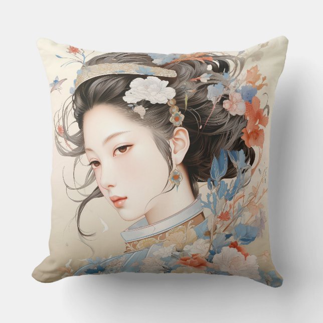Grace in Traditional Chinese Women Throw Pillow (Front)