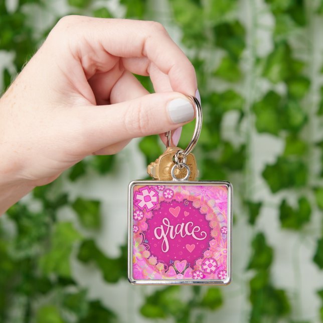Grace  Inspirational Heart Floral Pretty Pink Keychain (Hand)