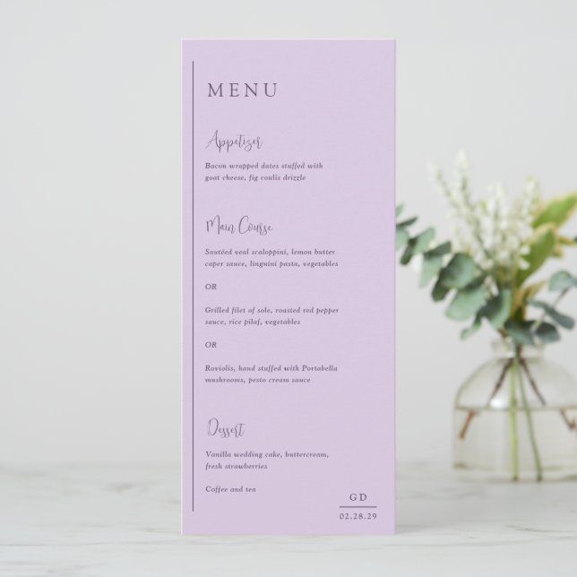 Grace Lilac Modern Wedding Menu (Standing Front)
