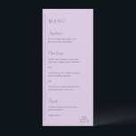 Grace Lilac Modern Wedding Menu<br><div class="desc">Modern wedding menu featuring a simple and minimal geometric design with a vertical line along the left side with your menu in left alignment. The headers are in a handwriting script for an elegant touch. In the bottom right corner is your two initial monogram over a small horizontal line. The...</div>