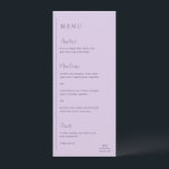 Grace Lilac Modern Wedding Menu<br><div class="desc">Modern wedding menu featuring a simple and minimal geometric design with a vertical line along the left side with your menu in left alignment. The headers are in a handwriting script for an elegant touch. In the bottom right corner is your two initial monogram over a small horizontal line. The...</div>