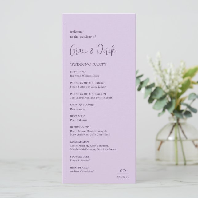 Grace Lilac Modern Wedding Program (Standing Front)