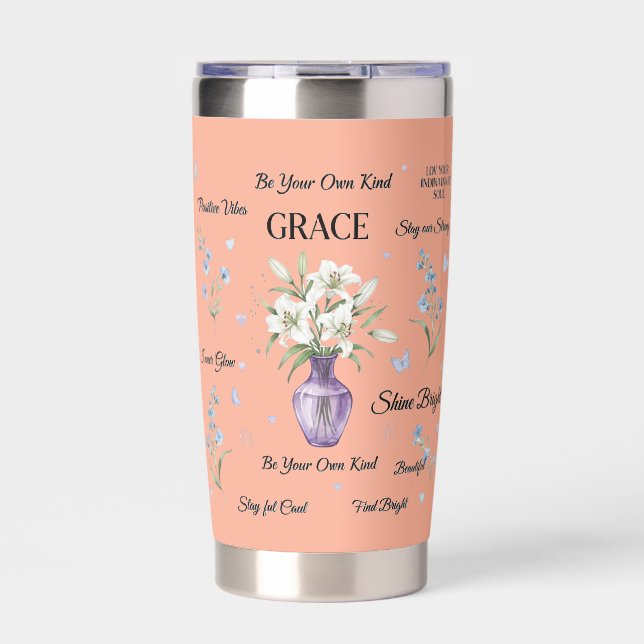 GRACE, Lily Flower, Peach Motivational Tumbler  (Front)