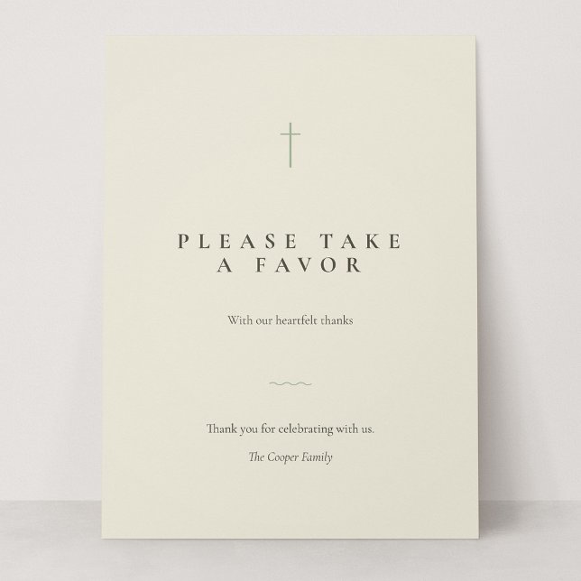 Grace Sage Minimal Cross Take a Favor Table Sign (Grace | Sage - Please Take a Favor 6.5 x 8.75" Card Sign)