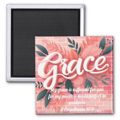 Grace Scripture Verse Pink Brick Floral Magnet