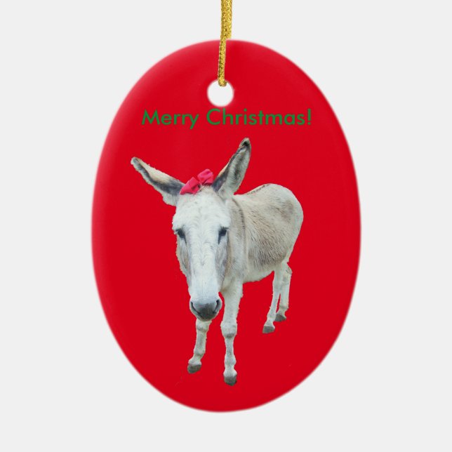 Grace the Donkey with a Red Bow Ceramic Ornament (Front)
