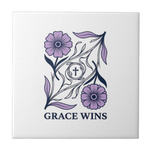 Grace Wins Floral Christian Vintage Engraving Tee_ Ceramic Tile