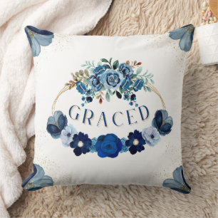 GRACED Blue Gold Floral Garden Wreath Elegant Throw Pillow