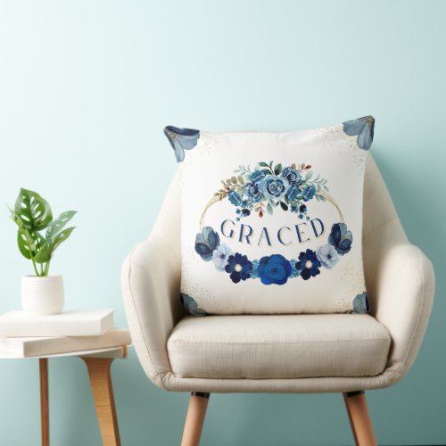 GRACED Vintage Blue Gold Floral Garden Wreath  Throw Pillow