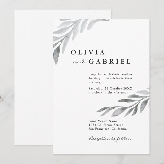 Graceful airy watercolor foliage botanical wedding invitation (Front/Back)