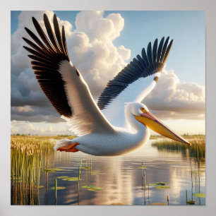 Graceful American White Pelican in Serene Wetlands Poster