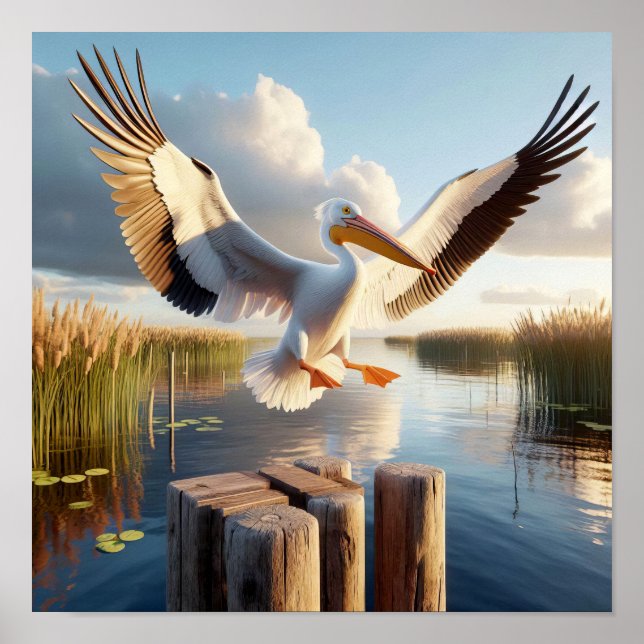 Graceful American White Pelican in Serene Wetlands Poster (Front)