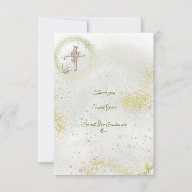 Graceful and sparkly baptism flat thank you cards  (Front)