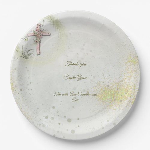 Graceful and sparkly cross baptism paper plates 