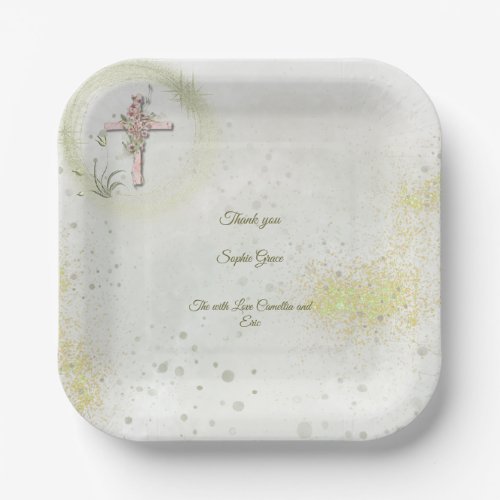 Graceful and sparkly cross baptism paper plates 