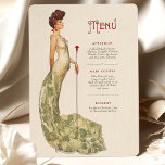Graceful Art Nouveau Wedding Menu Card<br><div class="desc">Add a touch of elegance to your wedding reception with this Art Nouveau-inspired menu card. The front design features a graceful figure in a flowing ivory gown adorned with intricate green floral patterns, holding a single red rose. The vintage typography and muted beige background enhance the romantic and sophisticated feel....</div>