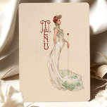 Graceful Art Nouveau Wedding Menu Card<br><div class="desc">Add a touch of elegance to your wedding reception with this Art Nouveau-inspired menu card. The front design features a graceful figure in a flowing ivory gown adorned with intricate green floral patterns, holding a single red rose. The vintage typography and muted beige background enhance the romantic and sophisticated feel....</div>