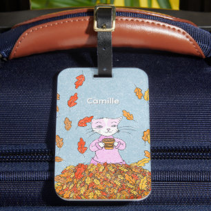 Graceful Autumn Cat with Leaves Luggage Tag