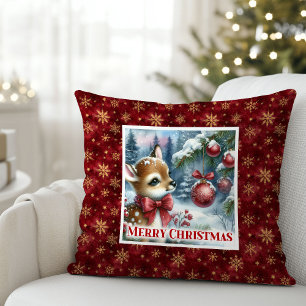 Graceful baby deer snowy forest festive Christmas Throw Pillow