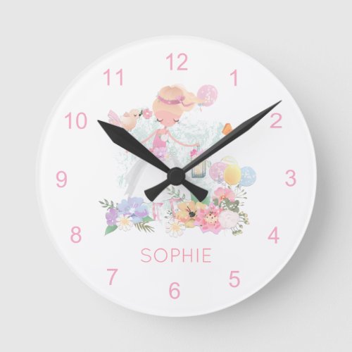 Graceful Ballerina Name Floral Numbers Pink White Round Clock