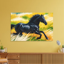 Graceful Black Horse Galloping in Vibrant Field of