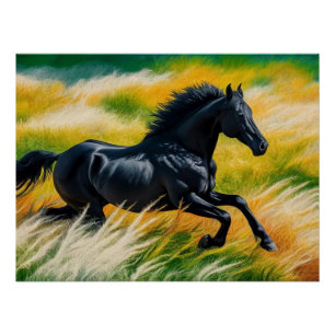 Graceful Black Horse Galloping in Vibrant Field Poster