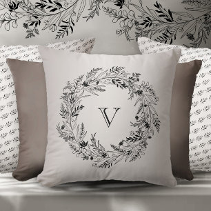 Graceful black leafy wreath letter V Throw Pillow