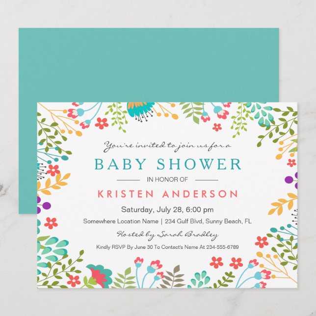 Graceful Blue Floral Cute Baby Shower Invitation (Front/Back)