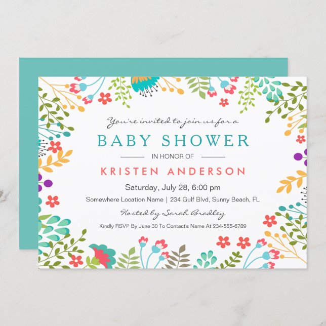 Graceful Blue Floral Cute Baby Shower Invitation (Front/Back)