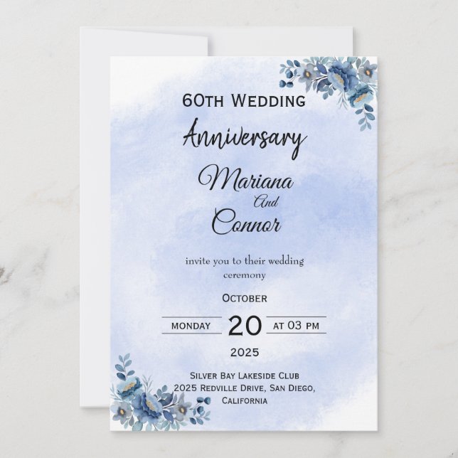 Graceful Blue Floral Wedding Anniversary Invitatio Invitation (Front)