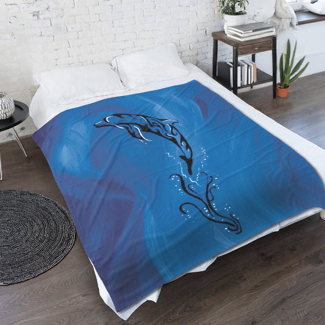 Graceful Blue Tribal Dolphin Ocean Fleece Blanket (Creator Uploaded)