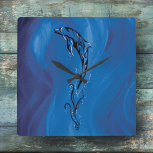 Graceful Blue Tribal Dolphin Ocean Square Wall Clock