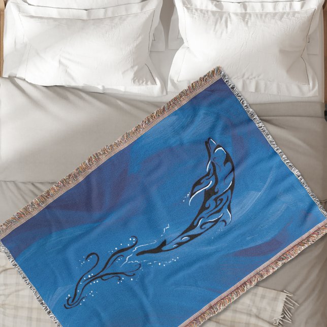 Graceful Blue Tribal Dolphin Ocean Throw Blanket (Creator Uploaded)