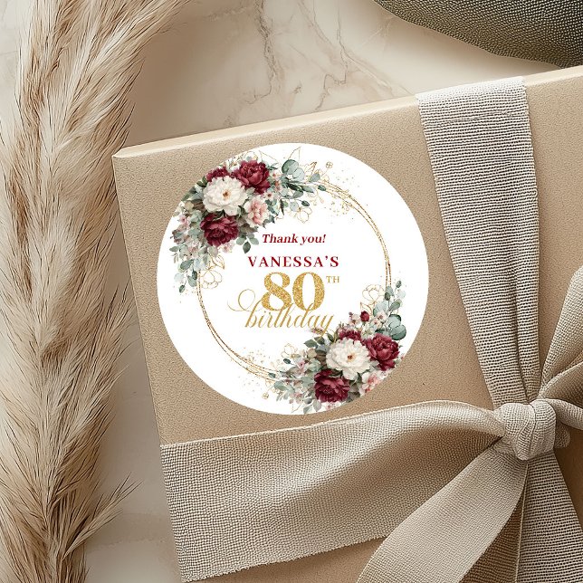 Graceful Blush Burgundy 80th Birthday Stickers (Graceful Blush Burgundy 80th Birthday Stickers)