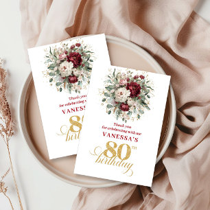 Graceful Blush Burgundy 80th Birthday Thank You  Card