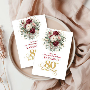 Graceful Blush Burgundy 80th Birthday Thank You  Card